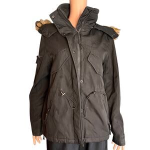 S13 by Urban Outfitters Black Faux Fur Trim Hooded Puffer Jacket – Size Medium